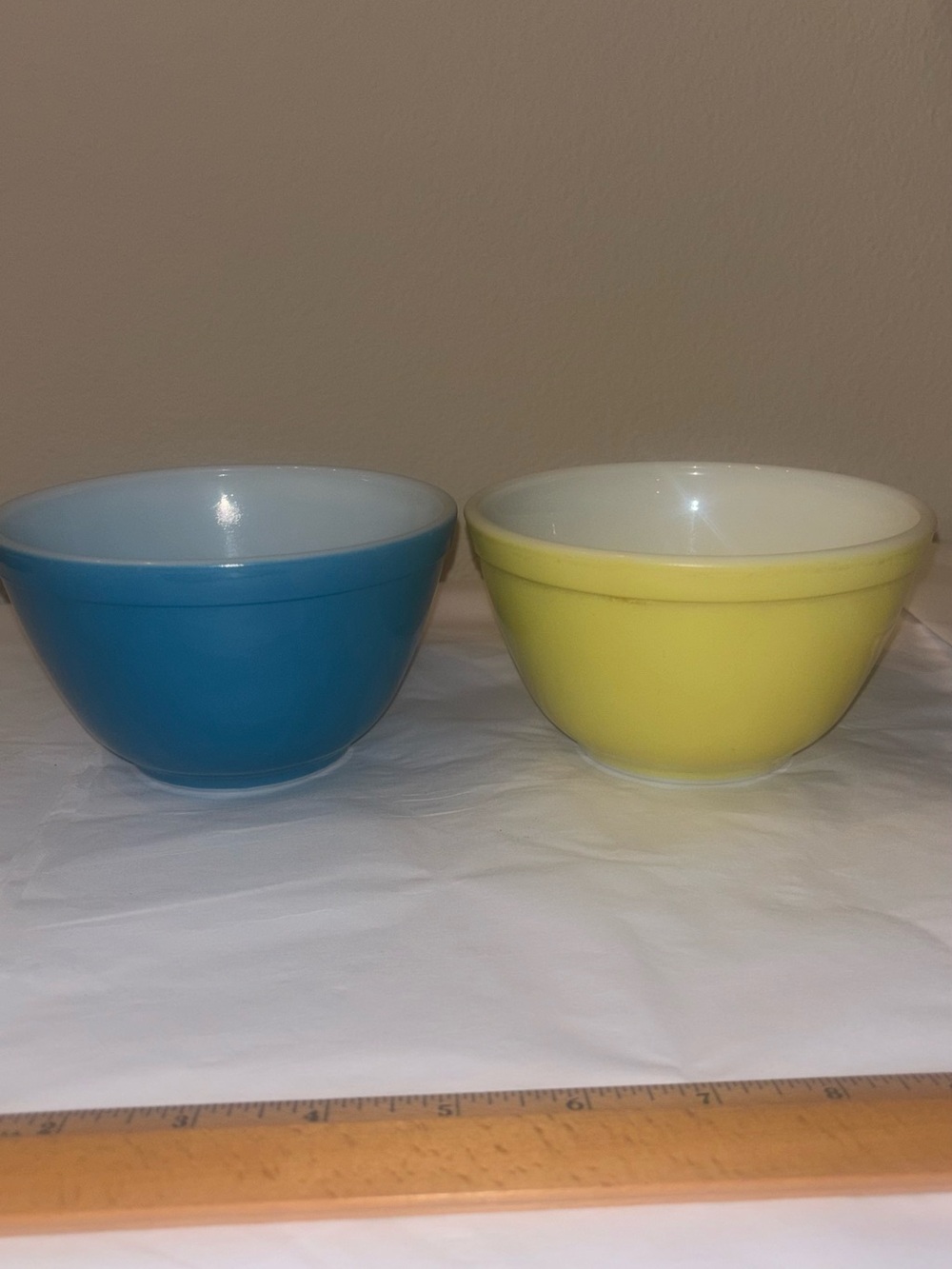 Vintage PYREX 401 Mixing Bowls in Blue and Yellow Primary colors
